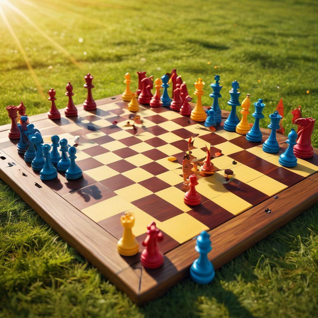 A vibrant and interactive chess scene with diverse players of different ages, joyfully engaged in a chess tournament, colorful chess pieces in motion, surrounded by dynamic graphics illustrating joyful strategies like lightbulbs and arrows. The setting is sunny and inviting, with playful elements like a giant chessboard on the grass, encouraging learning and fun. super-realistic. vibrant colors. outdoor setting.