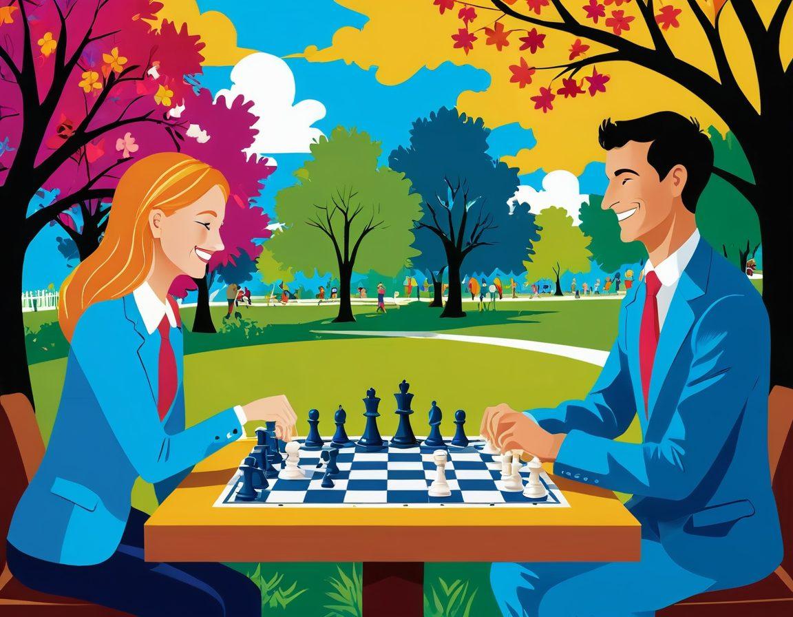 A vibrant chessboard set against a backdrop of a sunny park, where two players are engrossed in a lively chess match, laughing and sharing joyful moments. Surround them with cheerful spectators, colorful flowers, and a bright blue sky to evoke a sense of happiness and community. Include whimsical chess pieces with smiling faces to emphasize the joy of playing. vector art. vibrant colors. joyful atmosphere.